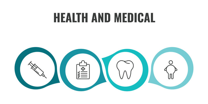 health and medical outline icon set. thin line injection, medical checklist, teeth, fat icons. editable vector