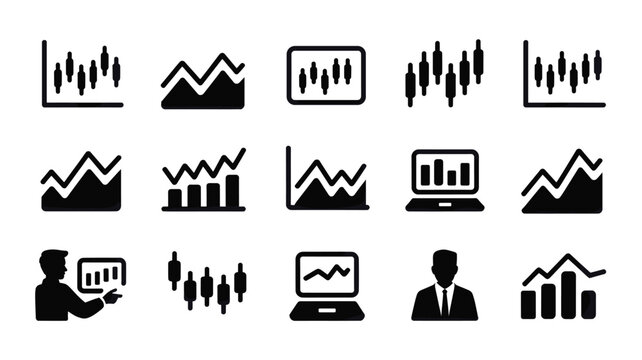 Set of 15 Black Flat Business Chart and Graph Icons Vector
