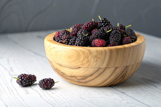 Fresh Mulberries in Wooden Bowl &ndash; Organic Superfruit and Healthy Food Photography