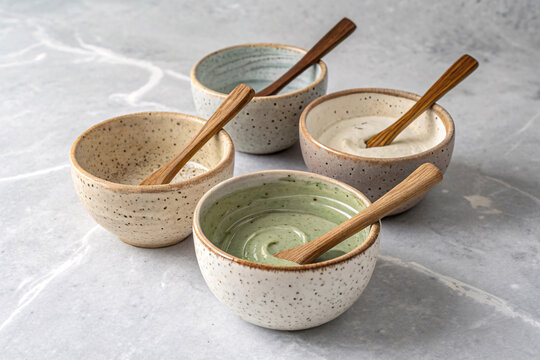 Ceramic Bowls with Natural Yogurt and Dips &ndash; Healthy Homemade Sauces in Rustic Stoneware Bowls