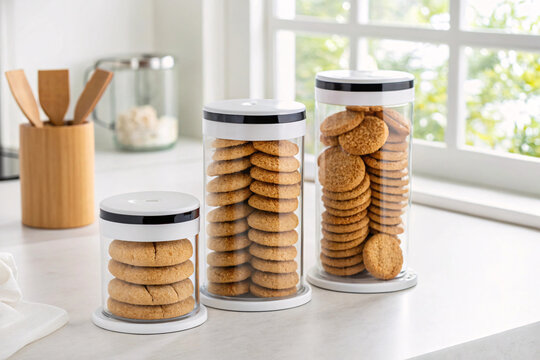 Transparent Cookie Storage Containers with Fresh Homemade Cookies in Modern Kitchen | Airtight Food Storage Jars