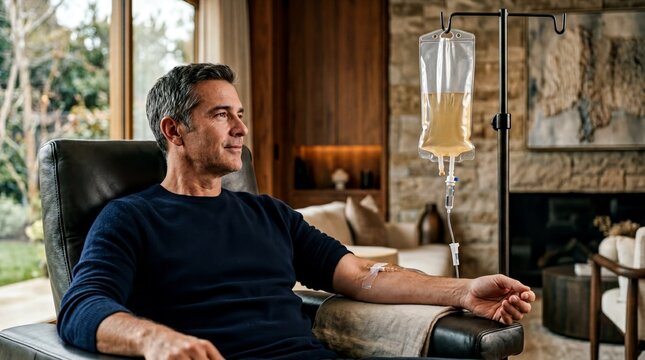 regenerative medicine process, a sterile clinic environment focuses on a stem cell iv bag attached to an arm