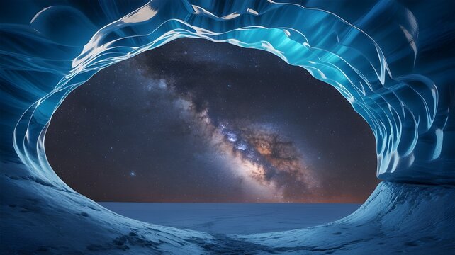 Frozen blue cavern beneath dazzling galaxy showcasing breathtaking polar wilderness at night