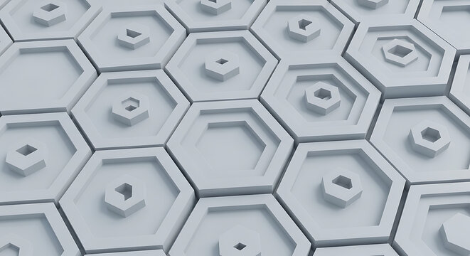 Abstract 3D geometric pattern featuring repeating grey hexagonal tiles with nested shapes and depth for modern architectural background and surface texture geometric abstract architecture backdrop