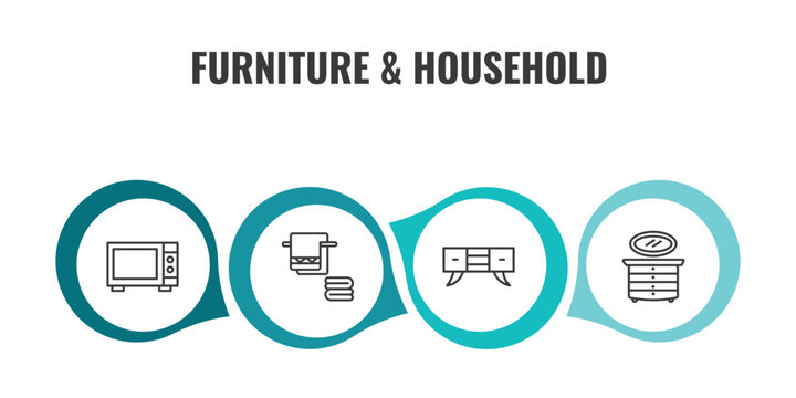 furniture & household outline icon set. thin line microwave, towel, credenza, lowboy icons. editable vector
