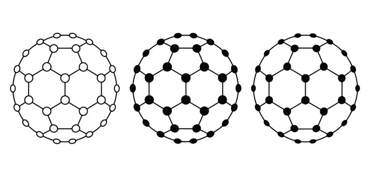 Buckminsterfullerene C60 molecule icon set, outline solid silhouette and dot style variations, carbon nanostructure symbols, chemistry science and nanotechnology concept, clean vector illustration iso