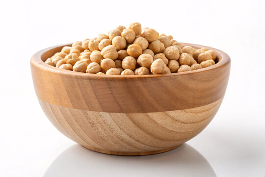 Organic Chickpeas in Wooden Bowl Isolated on White Background &ndash; Healthy Protein Rich Legumes and Natural Food Ingredient