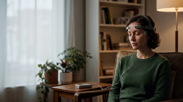 neurostimulation devices, a person wearing a tdcs headset sits contemplatively at home, with space beside them