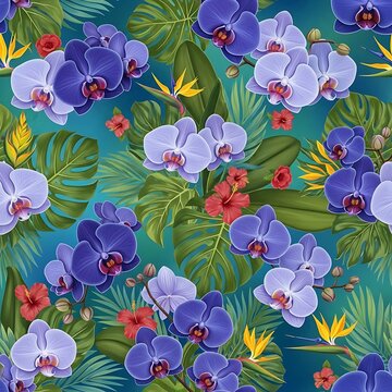 Vibrant blue orchids and tropical foliage pattern on a teal background