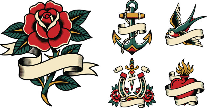 Old School Traditional Tattoo Vector Set Featuring Red Rose Anchor Swallow Bird Dagger Horseshoe and Sacred Heart Flash Art with Ribbon Banners