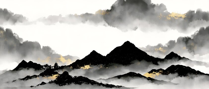 Misty gray veils drift around jagged mountain summits. 64k 8k widescreen, HDR,
