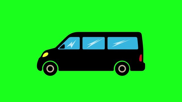 Minimalist black minivan car illustration icon stationary on green screen background. Transport, delivery, and travel asset.