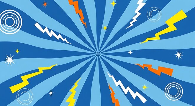 Vibrant blue radial burst background with energetic yellow, orange, and white lightning bolts and stars