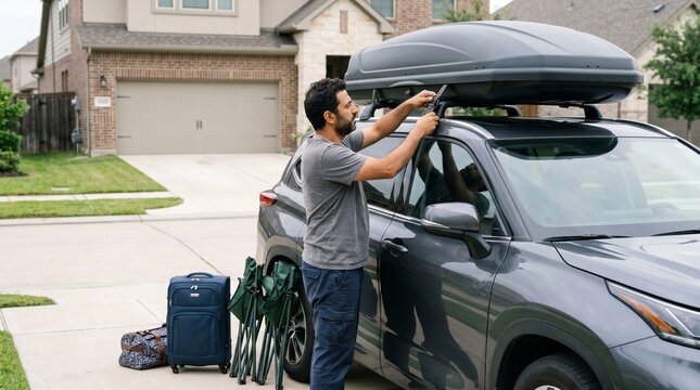 Man attaching rooftop cargo box to car in residential driveway  