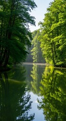 Fototapeta premium Verdant forest trees line a calm body of water, reflecting sunlight and lush greenery