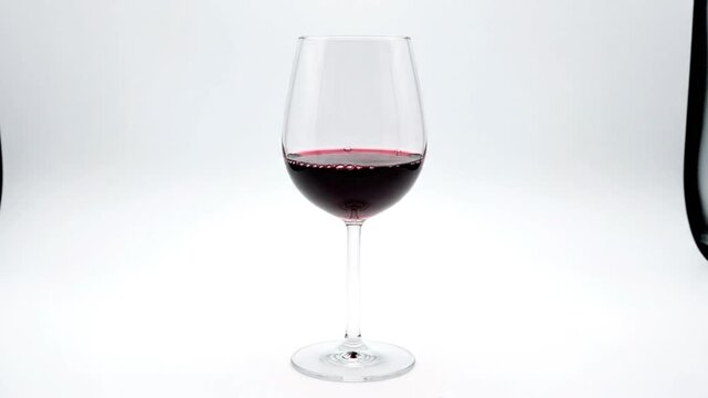 Red wine being poured into a tall wine glass on a white background creating bubbles and foam