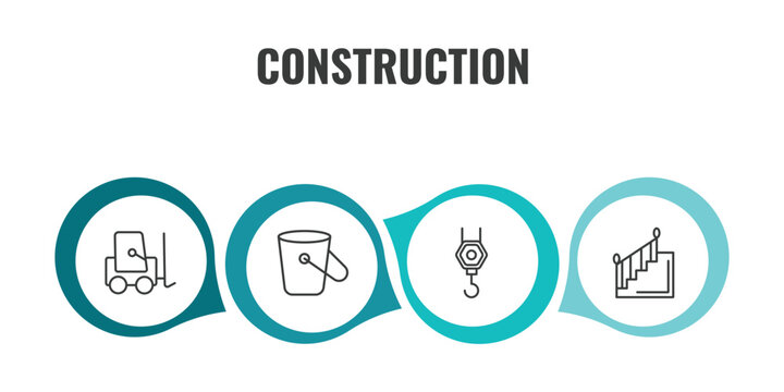 construction outline icon set. thin line trolley truck, bucket, pulley hook, stairs with handle icons. editable vector