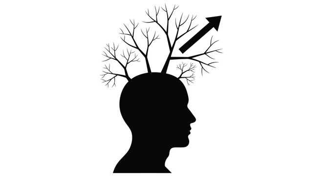 A human head silhouette with tree branches and an upward arrow