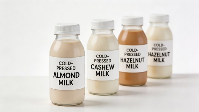 A set of four glass bottles filled with different types of cold-pressed plant-based milk, placed on a white surface with a clean and minimalist background, perfect for a healthy lifestyle and wellness