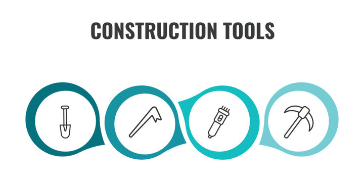 construction tools outline icon set. thin line short shovel, crowbar, clippers, pick axe icons. editable vector