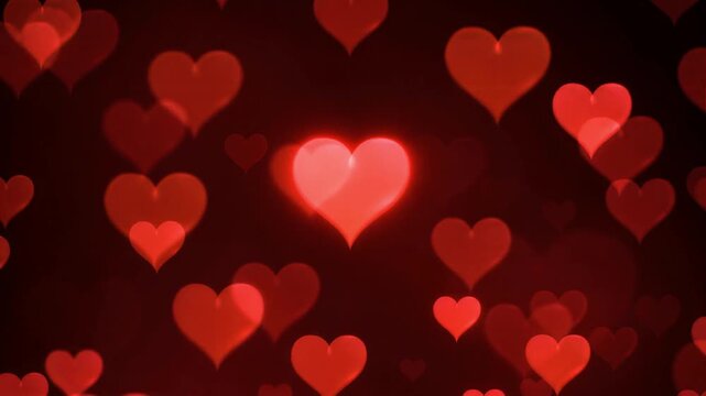 Glowing red heart shapes floating through dark atmosphere in this romantic abstract digital animation video clip