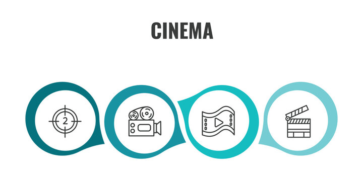 cinema outline icon set. thin line film counter, old projector, big play button, cinema clapperboard icons. editable vector
