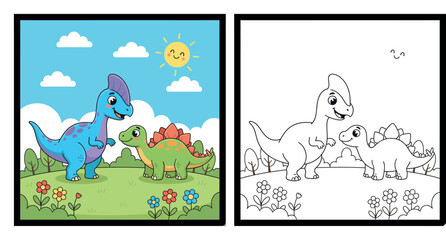 Cute Cartoon Dinosaur Friends Illustration with Stegosaurus, Parasaurolophus, Flowers, Clouds, and Sunny Meadow Kids Scene © Dewan
