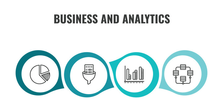 business and analytics outline icon set. thin line pie chart statistics, funneling data, dual chart, database interconnected icons. editable vector