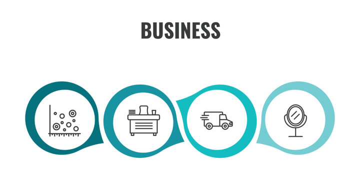 business outline icon set. thin line scatter chart, director desk, logistic, hair salon icons. editable vector