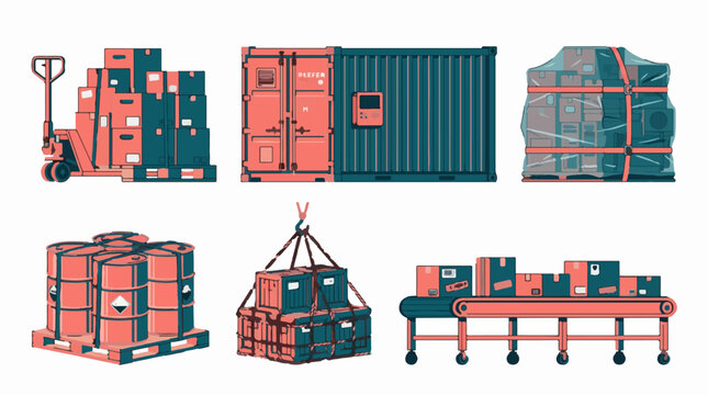 Logistics and shipping equipment vector icon set featuring cargo containers pallets barrels and conveyor belts in a flat minimalist design style