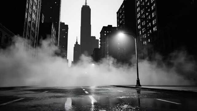 Foggy cityscape with wet asphalt, illuminated streetlights, and looming skyscrapers at dusk in monochrome