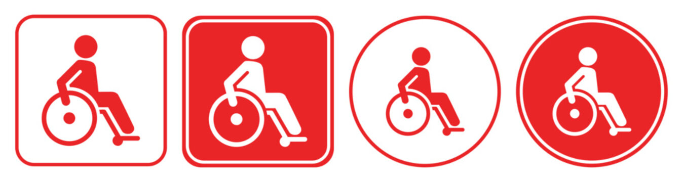 Wheelchair accessibility badge icon set in red, rounded square and circle styles, outlined and filled, disability support symbol
