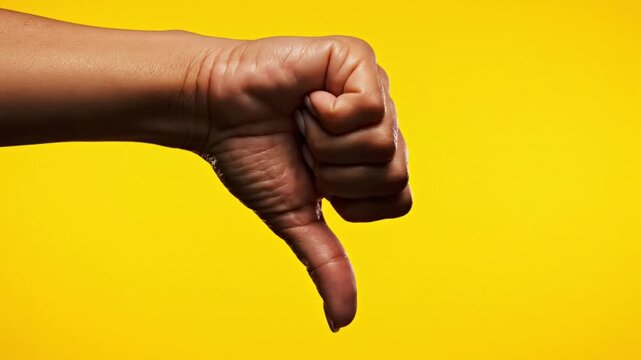 Hand giving thumbs down gesture against bright yellow background, representing disapproval or rejection