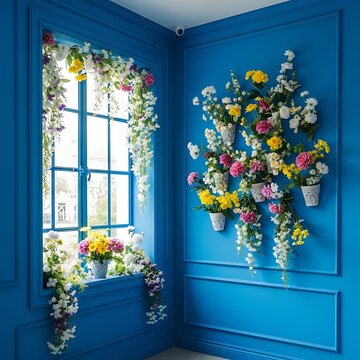 Vibrant blue walls frame a window and cascading floral displays