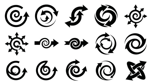 Collection of black spiral arrows and circular refresh symbols.