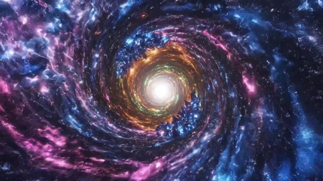 Mesmerizing vortex tunnel through swirling cosmic nebula, sparkling stars, and vibrant celestial colors
