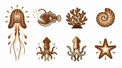 Fototapeta premium Set of brown marine life vector icons featuring a jellyfish anglerfish coral shell squid and starfish in a flat minimalist graphic illustration style