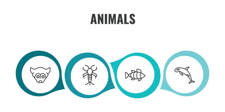 animals outline icon set. thin line siberian husky, silverfish, clown fish, grampus icons. editable vector
