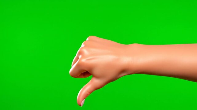 Hand gives a thumbs down gesture against a vibrant green background, negative expression