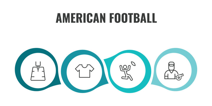 american football outline icon set. thin line american football field, black t shirt cloth, catching the ball, trainer icons. editable vector