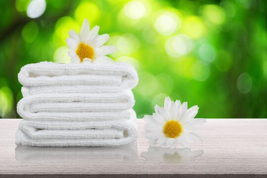 Fresh clean Towels and Daisies flowers