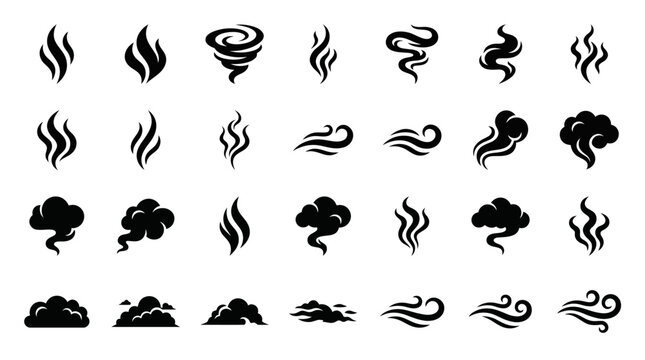 Collection of various smoke and steam icons in black.