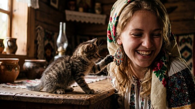 A tiny tabby kitten on a wooden table bats playfully at the dangling earring of a smiling woman in traditional dress. It evokes a cozy, heartwarming, and charming folk feeling.