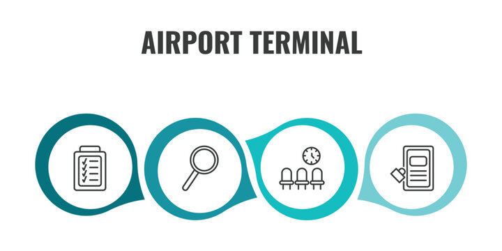 airport terminal outline icon set. thin line control check, airport searchor, waiting place, airpot cupboard icons. editable vector