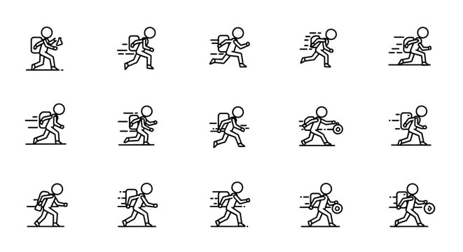 Stick Figure Runner Icon Set with Backpacks.