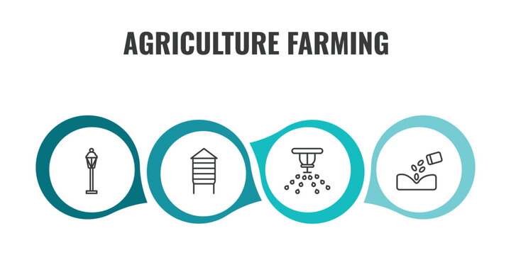 agriculture farming outline icon set. thin line lamppost, silo, sprinkler, plant seeds icons. editable vector