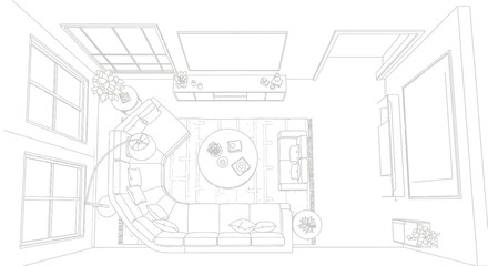 Fototapeta premium Top view architectural sketch of a modern living room interior design.