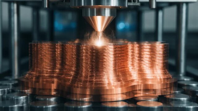 Medium shot of precise laser creating microgrooves on a copper surface enhancing texture for improved mechanical bonding and surface durability in industrial applications