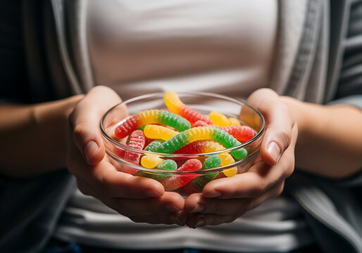 A person holds a clear glass bowl filled with colorful gummy worms in red, green, and yellow.