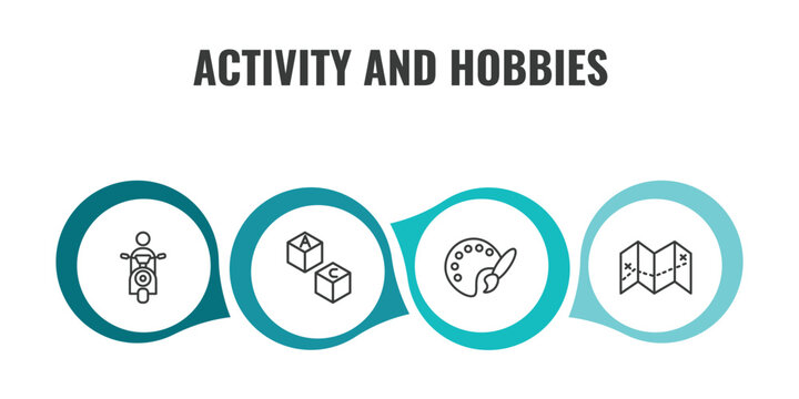 activity and hobbies outline icon set. thin line motorcycle riding, boggle, coloring, travelling icons. editable vector